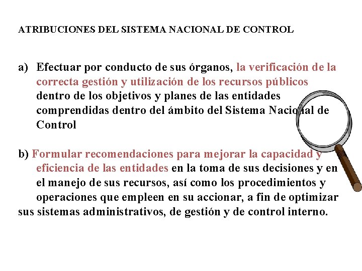 ATRIBUCIONES DEL SISTEMA NACIONAL DE CONTROL a) Efectuar por conducto de sus órganos, la