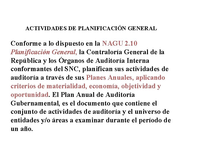  ACTIVIDADES DE PLANIFICACIÓN GENERAL Conforme a lo dispuesto en la NAGU 2. 10