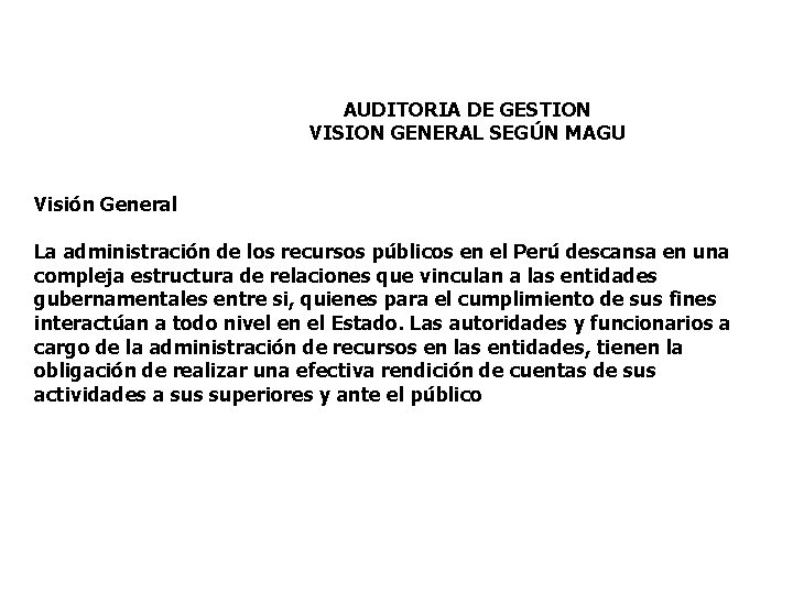 AUDITORIA DE GESTION VISION GENERAL SEGÚN MAGU Visión General La administración de los recursos