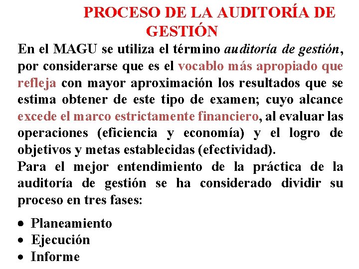  PROCESO DE LA AUDITORÍA DE GESTIÓN En el MAGU se utiliza el término