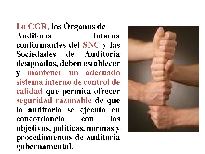 CONTROL DE CALIDAD La CGR, los Órganos de Auditoría Interna conformantes del SNC y