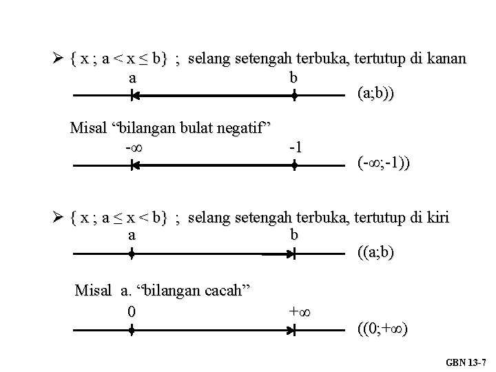  { x ; a < x ≤ b} ; selang setengah terbuka, tertutup