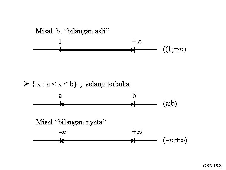 Misal b. “bilangan asli” 1 +∞ { x ; a < x < b}