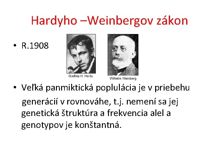 Hardyho –Weinbergov zákon • R. 1908 • Veľká panmiktická poplulácia je v priebehu generácií