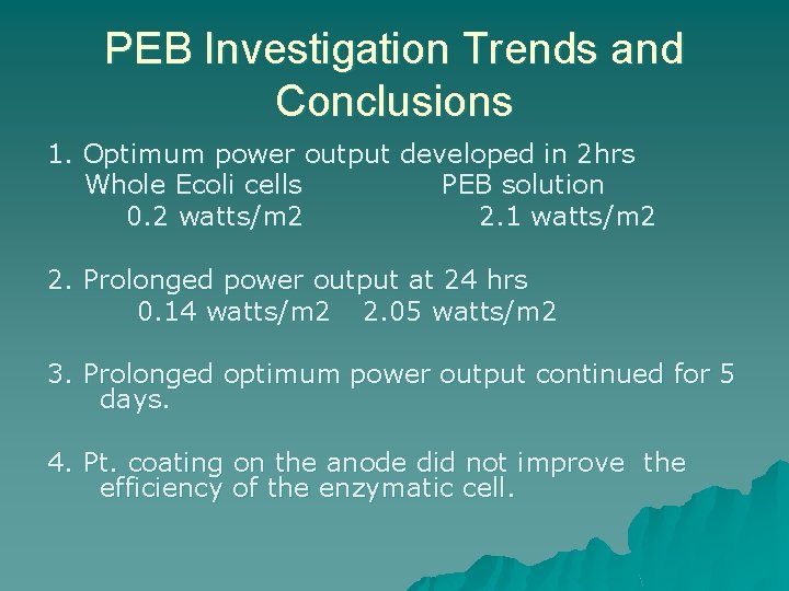 PEB Investigation Trends and Conclusions 1. Optimum power output developed in 2 hrs Whole