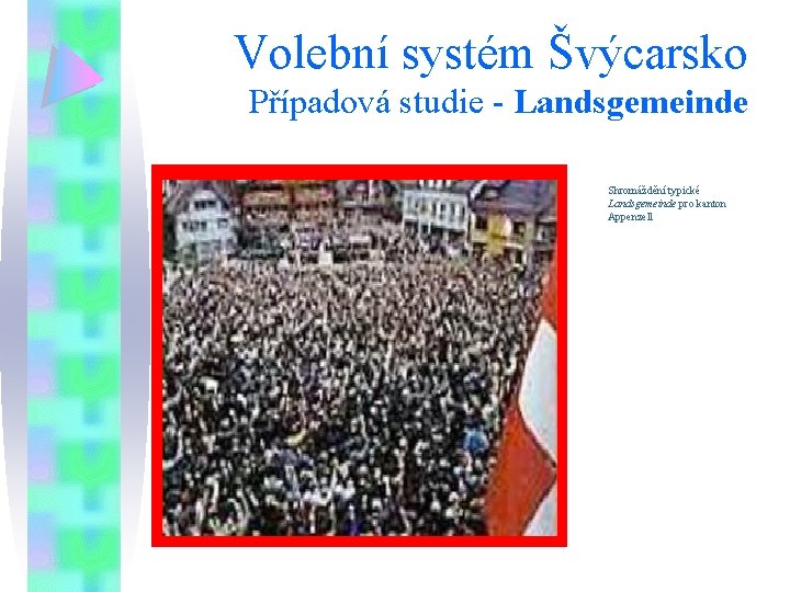 Volební systém Švýcarsko Případová studie - Landsgemeinde Shromáždění typické Landsgemeinde pro kanton Appenzell 