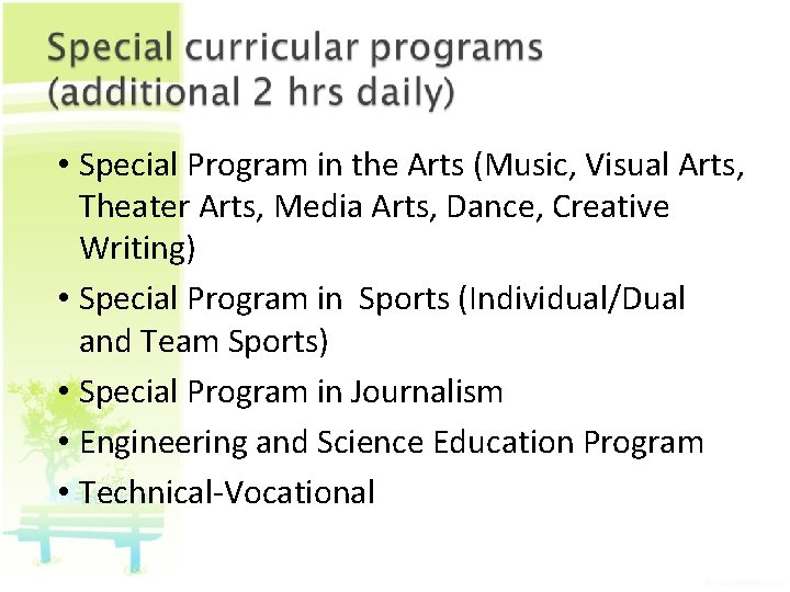  • Special Program in the Arts (Music, Visual Arts, Theater Arts, Media Arts,