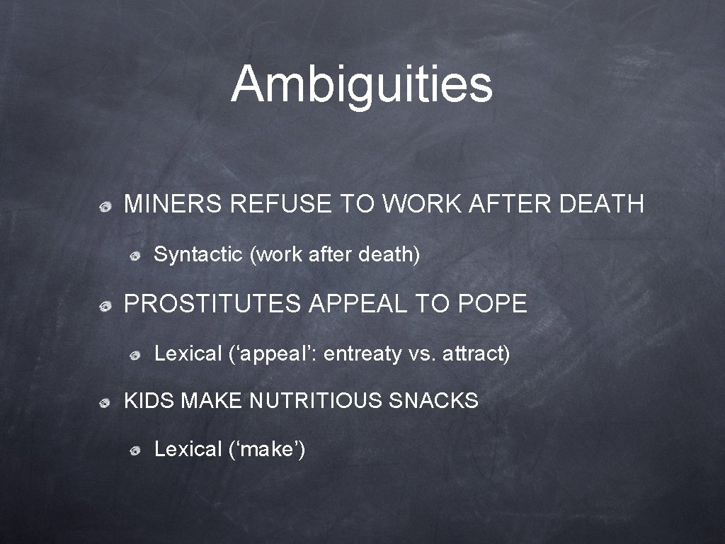 Ambiguities MINERS REFUSE TO WORK AFTER DEATH Syntactic (work after death) PROSTITUTES APPEAL TO