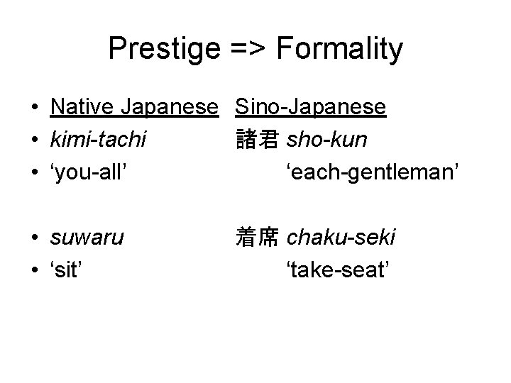 Prestige => Formality • Native Japanese Sino-Japanese • kimi-tachi 諸君 sho-kun • ‘you-all’ ‘each-gentleman’