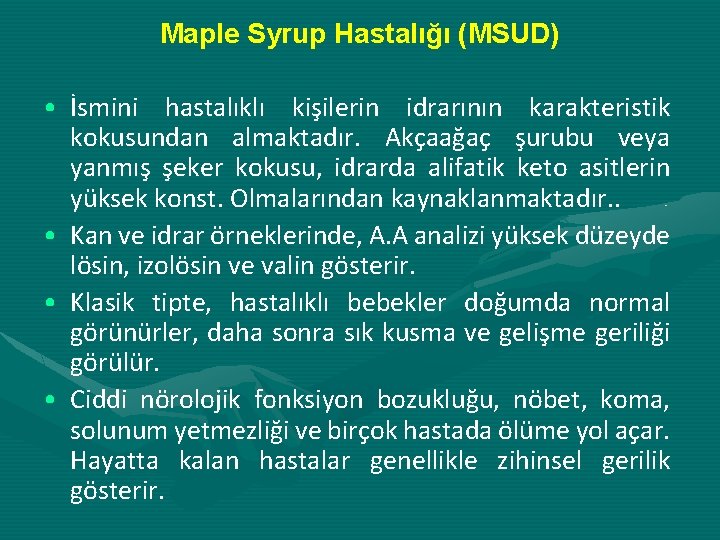 Maple Syrup Hastalığı (MSUD) • İsmini hastalıklı kişilerin idrarının karakteristik kokusundan almaktadır. Akçaağaç şurubu