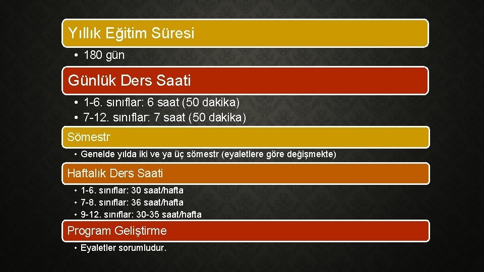 Yıllık Eğitim Süresi • 180 gün Günlük Ders Saati • 1 -6. sınıflar: 6