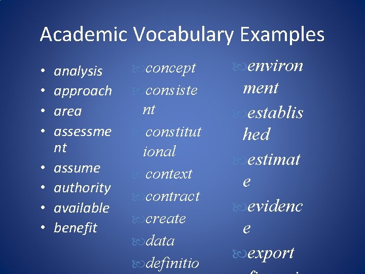 Academic Vocabulary Examples • • analysis approach area assessme nt assume authority available benefit