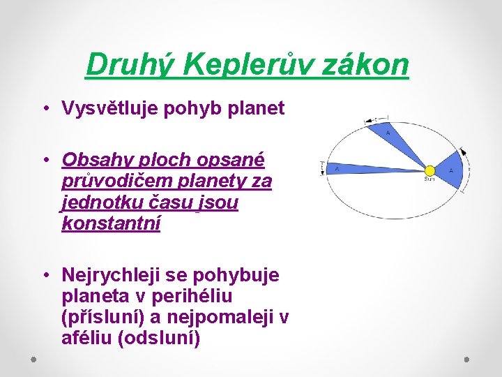Druhý Keplerův zákon • Vysvětluje pohyb planet • Obsahy ploch opsané průvodičem planety za