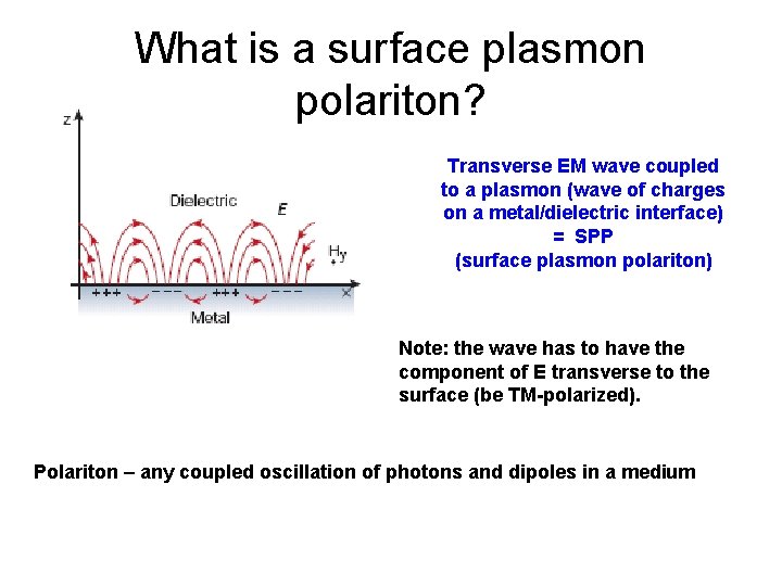 What is a surface plasmon polariton? Transverse EM wave coupled to a plasmon (wave