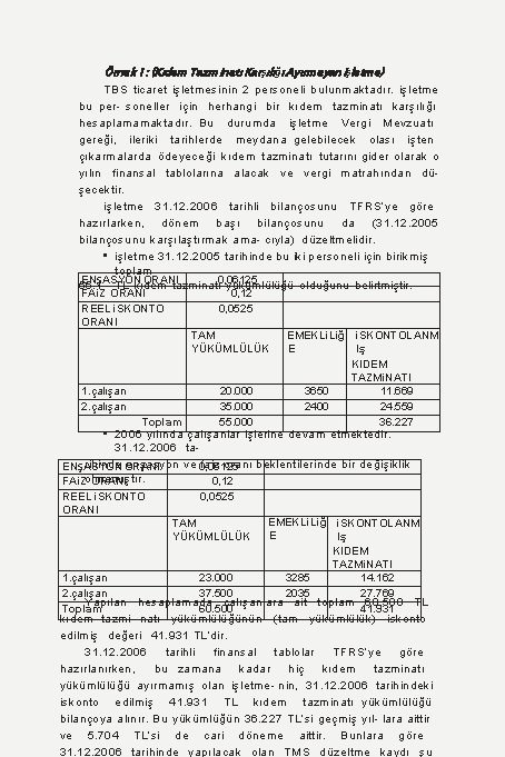 Örnek 1: (Kıdem Tazminatı Karşılığı Ayırmayan işletme) TBS ticaret işletmesinin 2 personeli bulunmaktadır. işletme