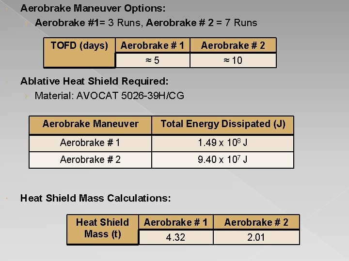  Aerobrake Maneuver Options: › Aerobrake #1= 3 Runs, Aerobrake # 2 = 7