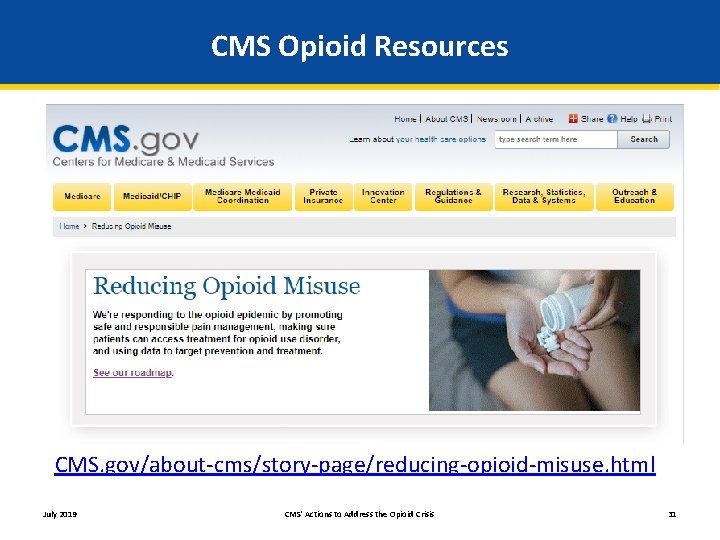 CMS Opioid Resources CMS. gov/about-cms/story-page/reducing-opioid-misuse. html July 2019 CMS' Actions to Address the Opioid