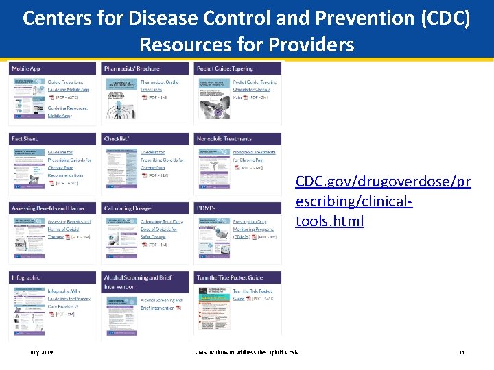 Centers for Disease Control and Prevention (CDC) Resources for Providers CDC. gov/drugoverdose/pr escribing/clinicaltools. html