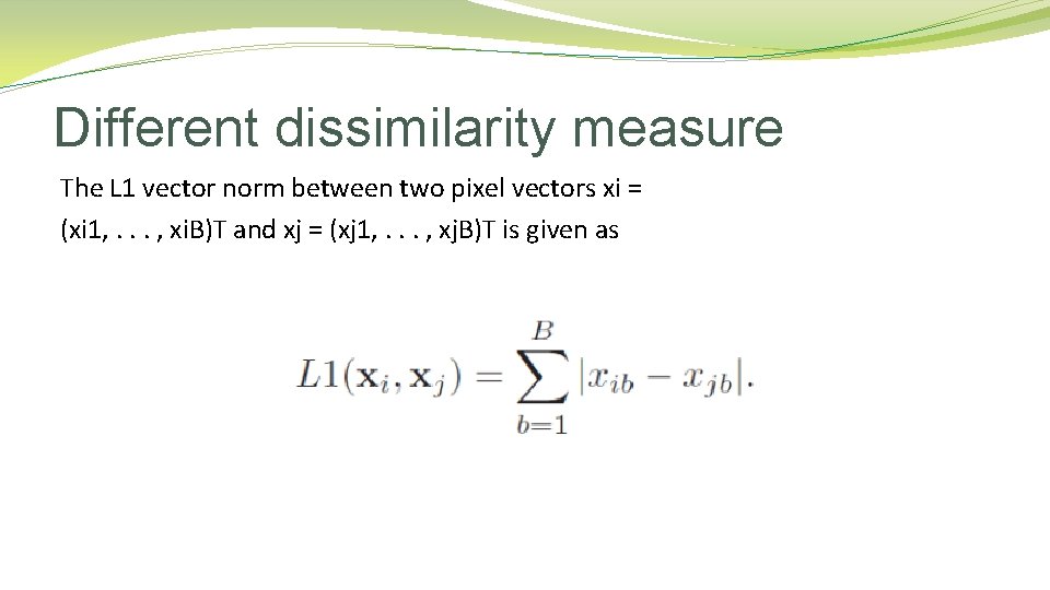 Different dissimilarity measure The L 1 vector norm between two pixel vectors xi = Different dissimilarity measure The L 1 vector norm between two pixel vectors xi =