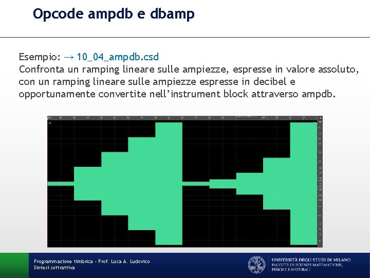 Opcode ampdb e dbamp Esempio: → 10_04_ampdb. csd Confronta un ramping lineare sulle ampiezze,