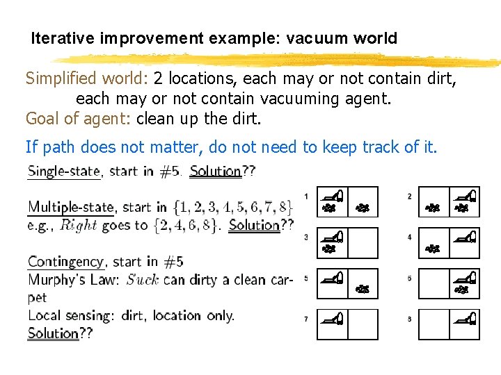 Iterative improvement example: vacuum world Simplified world: 2 locations, each may or not contain