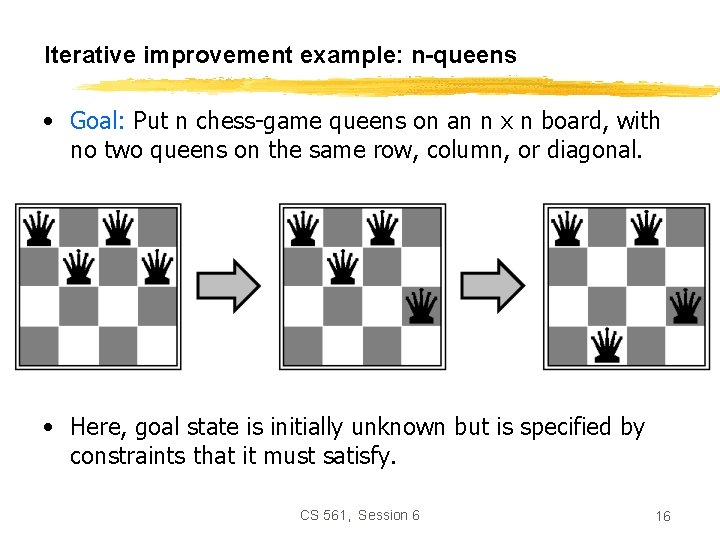 Iterative improvement example: n-queens • Goal: Put n chess-game queens on an n x
