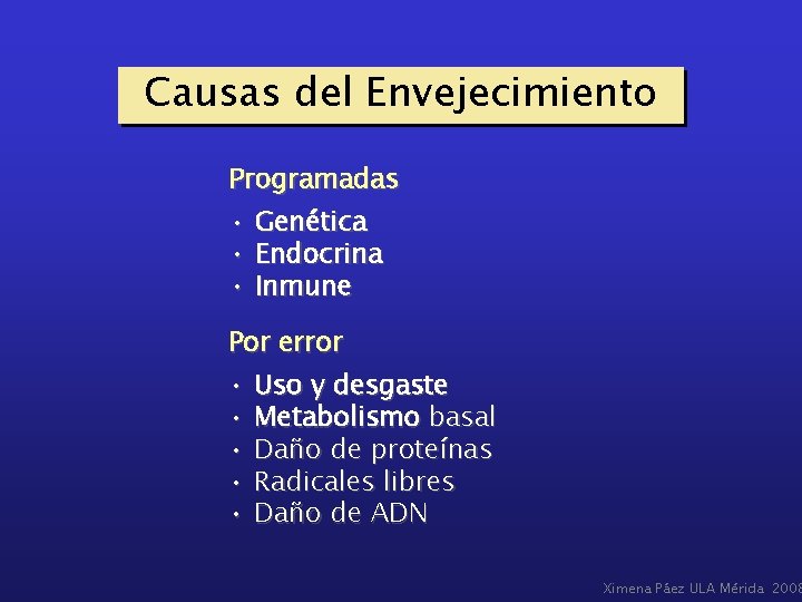 Causas del Envejecimiento Programadas • Genética • Endocrina • Inmune Por error • Uso