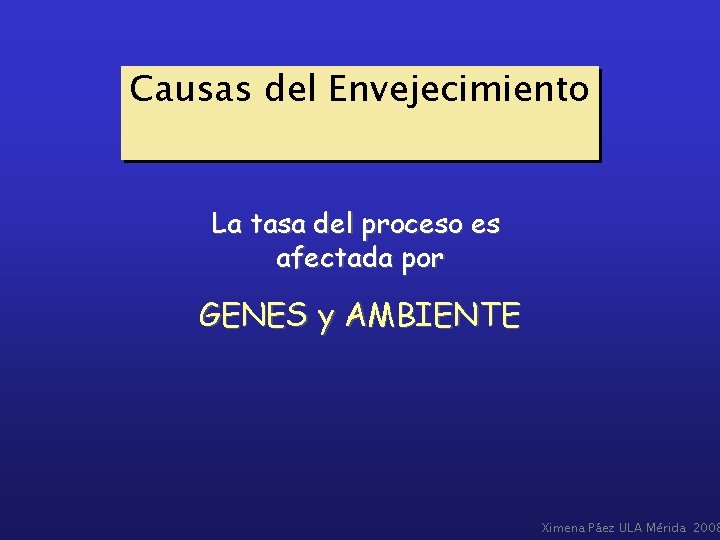 Causas del Envejecimiento La tasa del proceso es afectada por GENES y AMBIENTE Ximena