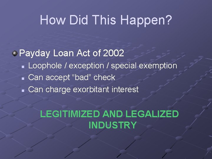 How Did This Happen? Payday Loan Act of 2002 n n n Loophole /