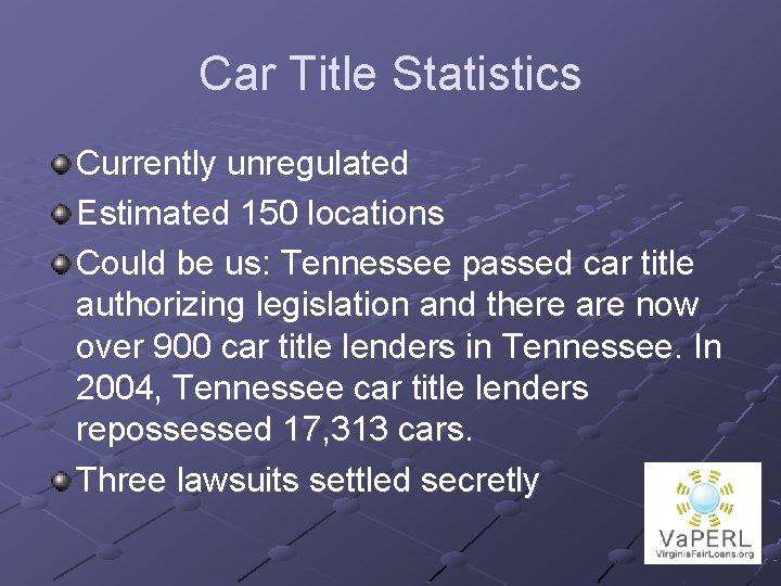 Car Title Statistics Currently unregulated Estimated 150 locations Could be us: Tennessee passed car