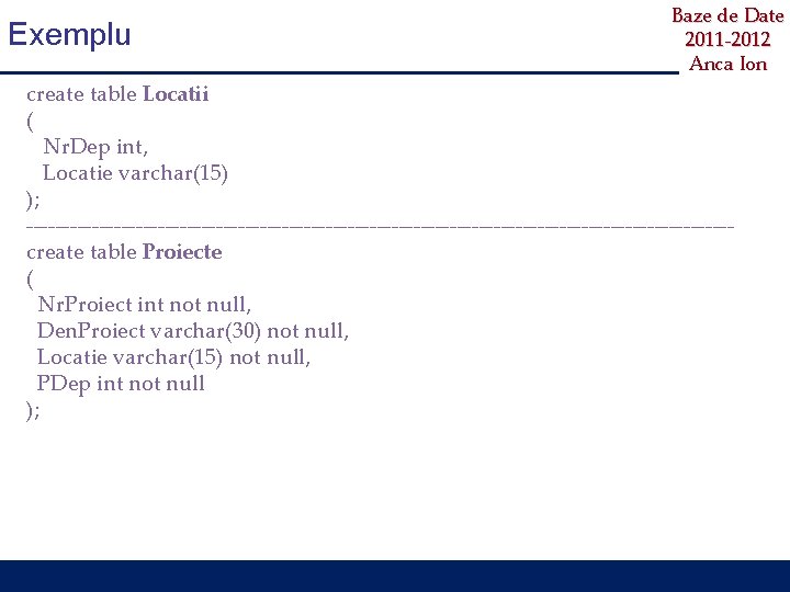 Exemplu Baze de Date 2011 -2012 Anca Ion create table Locatii ( Nr. Dep