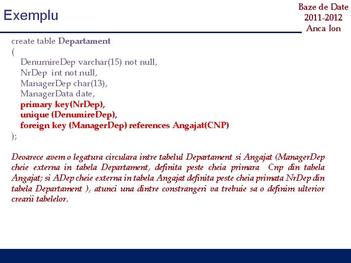 Exemplu Baze de Date 2011 -2012 Anca Ion create table Departament ( Denumire. Dep