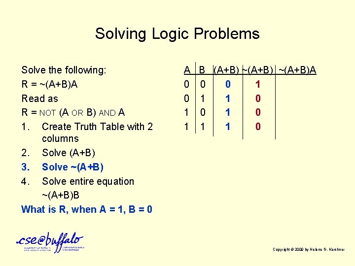 Solving Logic Problems Solve the following: R = ~(A+B)A Read as R = NOT