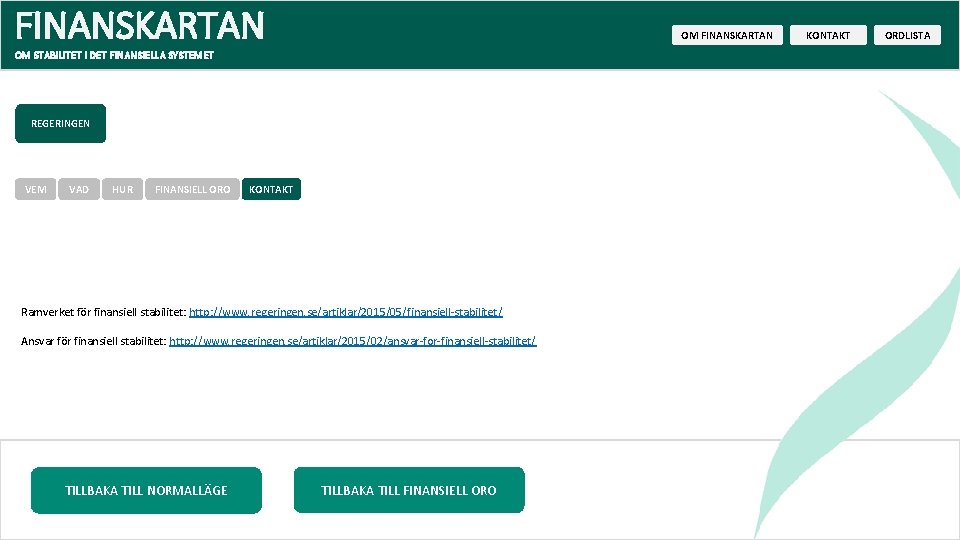 FINANSKARTAN OM STABILITET I DET FINANSIELLA SYSTEMET REGERINGEN VEM VAD HUR FINANSIELL ORO KONTAKT