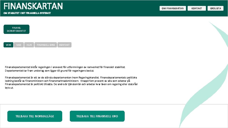 FINANSKARTAN OM STABILITET I DET FINANSIELLA SYSTEMET FINANSDEPARTEMENTET VEM VAD HUR FINANSIELL ORO KONTAKT