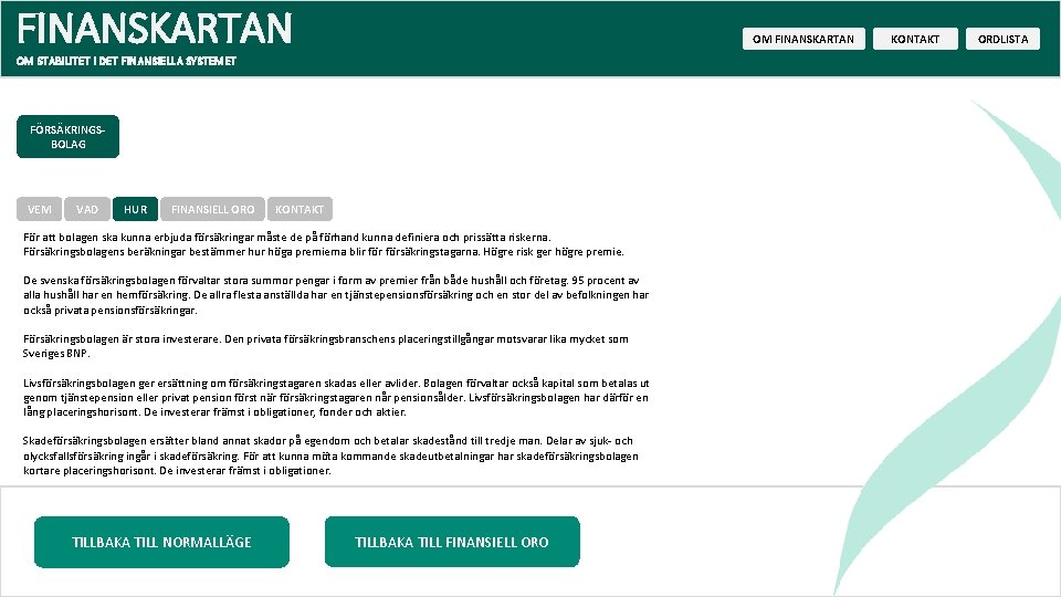 FINANSKARTAN OM STABILITET I DET FINANSIELLA SYSTEMET FÖRSÄKRINGSBOLAG VEM VAD HUR FINANSIELL ORO KONTAKT