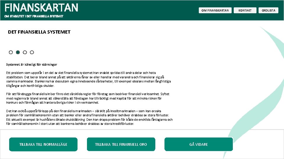 FINANSKARTAN OM STABILITET I DET FINANSIELLA SYSTEMET Systemet är känsligt för störningar Ett problem