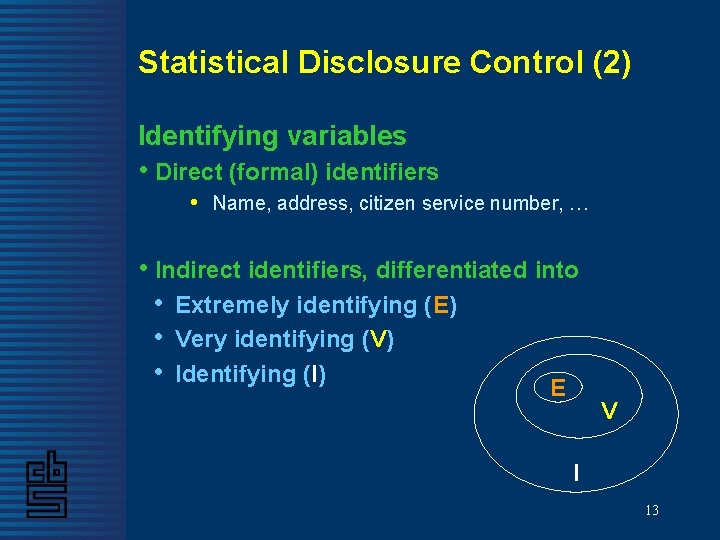 Statistical Disclosure Control (2) Identifying variables • Direct (formal) identifiers • Name, address, citizen