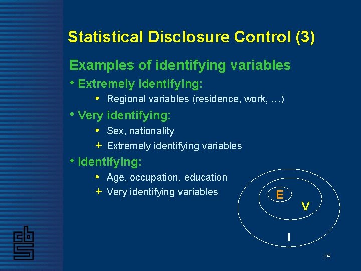 Statistical Disclosure Control (3) Examples of identifying variables • Extremely identifying: • Regional variables