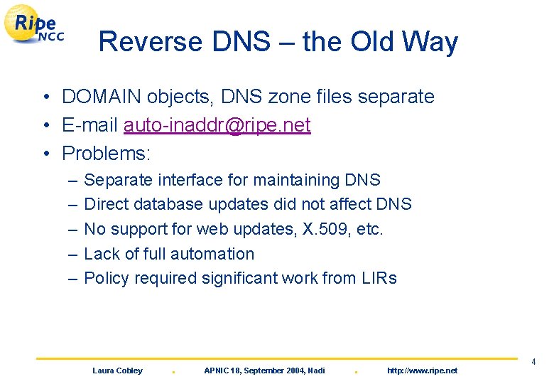Reverse DNS – the Old Way • DOMAIN objects, DNS zone files separate •