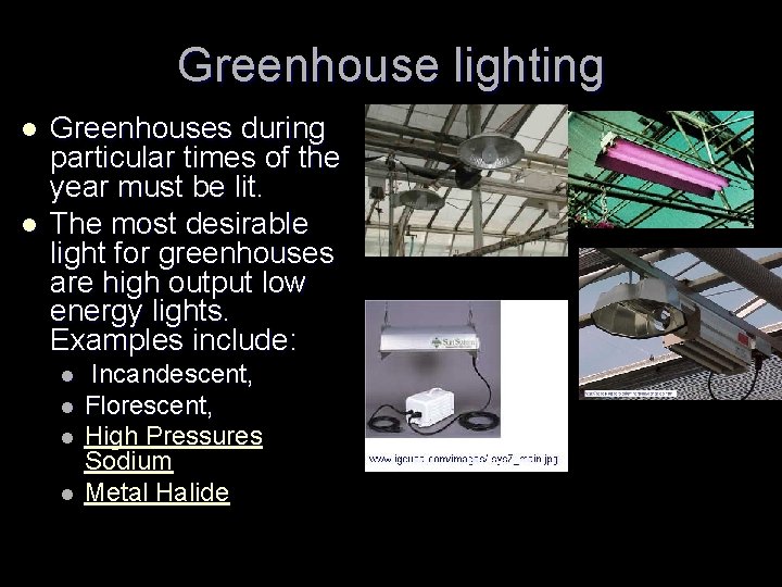 Greenhouse lighting l l Greenhouses during particular times of the year must be lit.