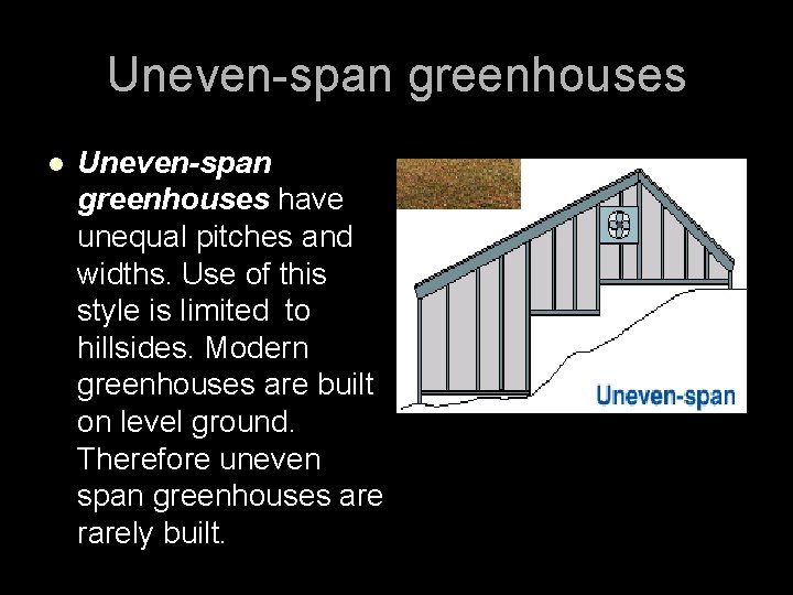 Uneven-span greenhouses l Uneven-span greenhouses have unequal pitches and widths. Use of this style