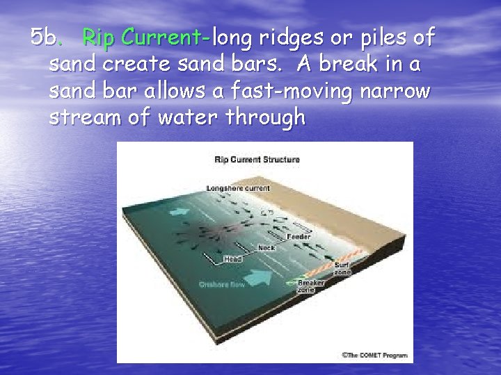5 b. Rip Current-long ridges or piles of sand create sand bars. A break
