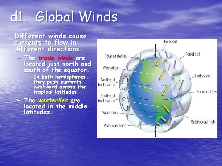 d 1. Global Winds • Different winds cause currents to flow in different directions.