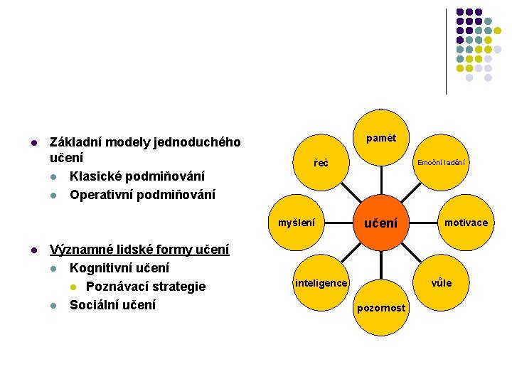 l Základní modely jednoduchého učení l Klasické podmiňování l Operativní podmiňování pamět řeč myšlení