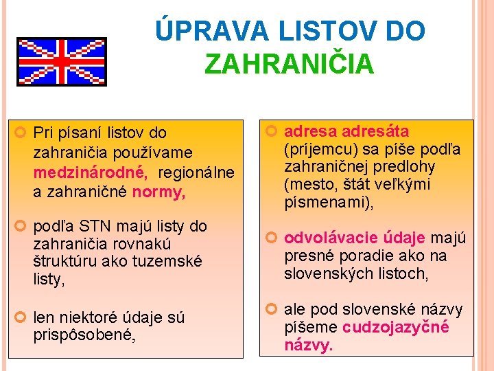 ÚPRAVA LISTOV DO ZAHRANIČIA Pri písaní listov do zahraničia používame medzinárodné, regionálne a zahraničné