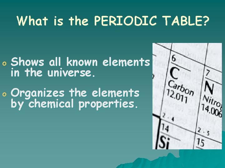 What is the PERIODIC TABLE? o Shows all known elements in the universe. o