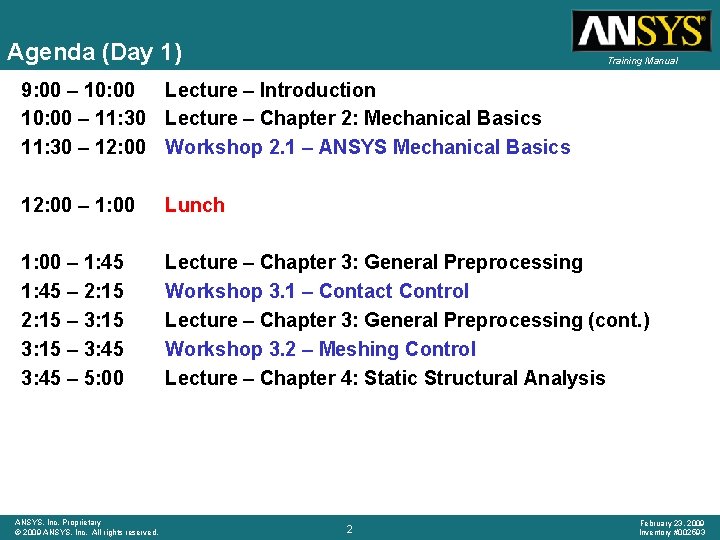 Agenda (Day 1) Training Manual 9: 00 – 10: 00 Lecture – Introduction 10: