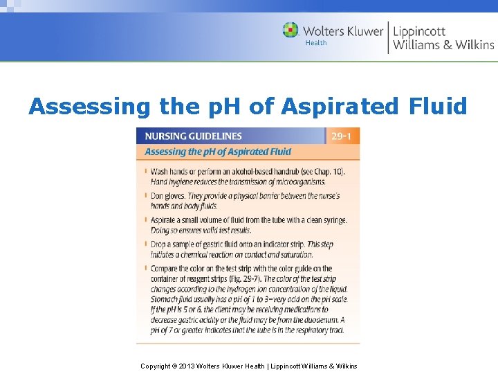 Assessing the p. H of Aspirated Fluid Copyright © 2013 Wolters Kluwer Health |