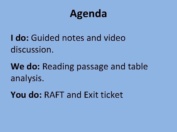 Agenda I do: Guided notes and video discussion. We do: Reading passage and table